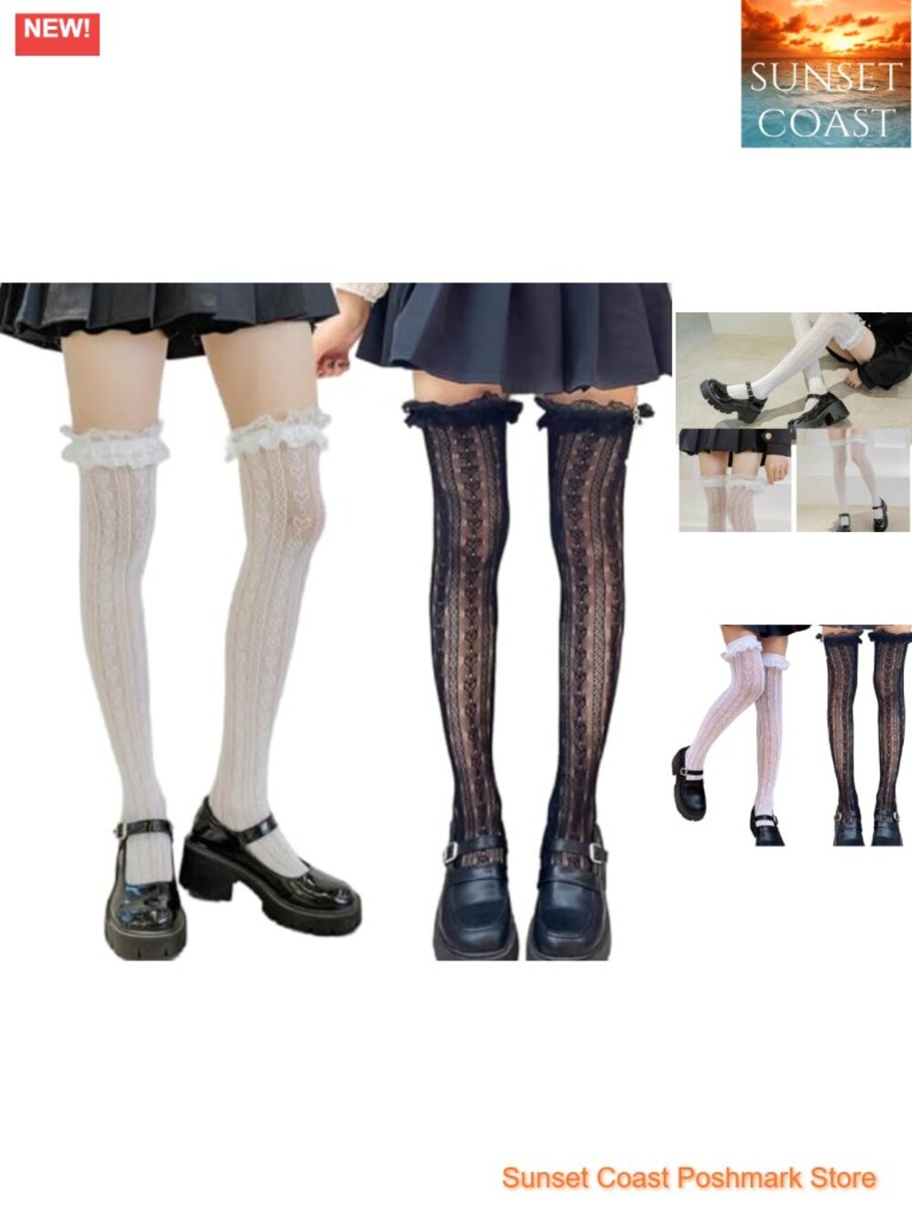 Lace Thigh High Stockings with Bows, 2 Pairs, Nylon Fishnet Over Knee